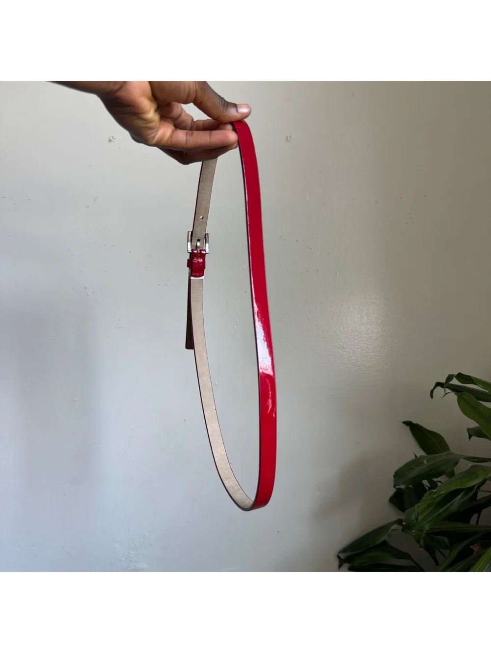 Y2K Cherry Red Patent Skinny Belt Silver Buckle | Office Siren Retro Fits like M